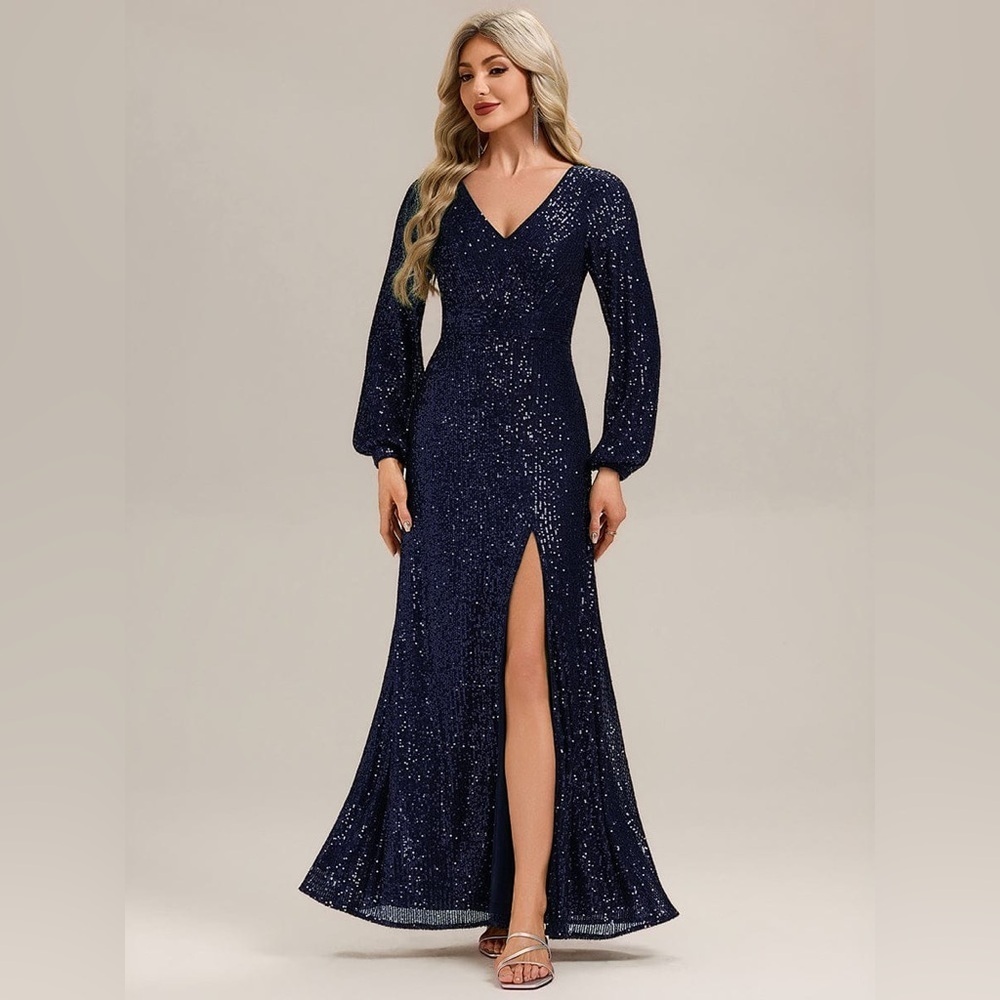 🆕Deep V-Neck Sequin Lantern Sleeve Evening Dress